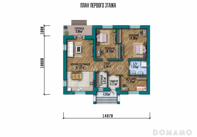 Проект одноэтажного дома с тремя спальнями и террасой / План 1 этажа