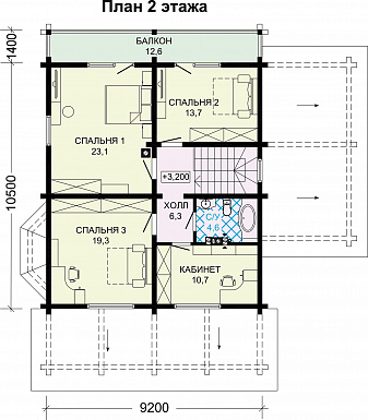 Проект двухэтажного деревянного дома с двумя террасами и гаражом на 1 автомобиль / План 2 этажа