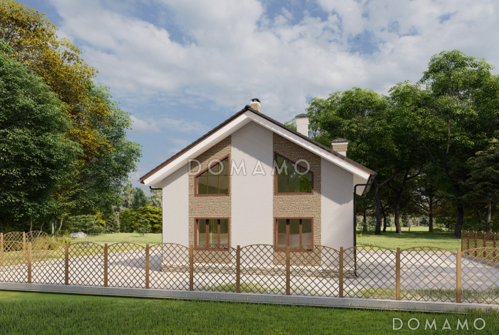 Проект двухэтажного дома с совмещенной кухней-столовой и гостиной, четырьмя спальнями и крытой террасой