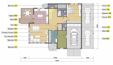 Проект каркасного дома с местом для трех авто / План 1 этажа