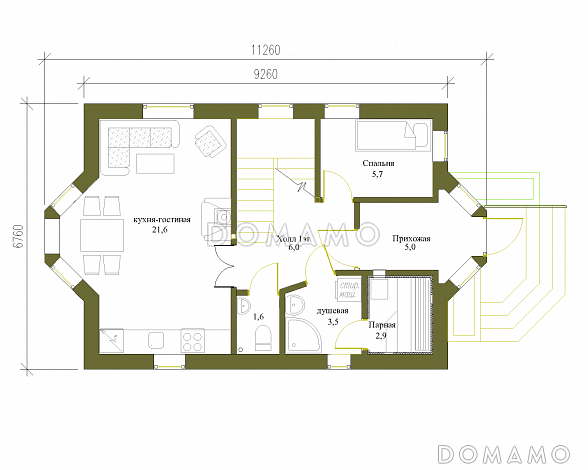 Проект небольшого загородного дома с двумя эркерами для постоянного проживания / План 1 этажа