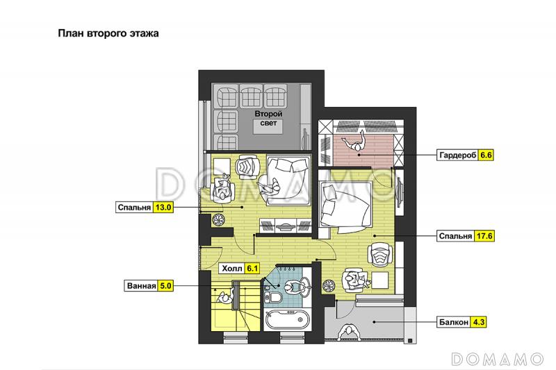 Загородный дом с односкатной крышей, круглым окном, крытой террасой и вторым светом  / План мансардного этажа
