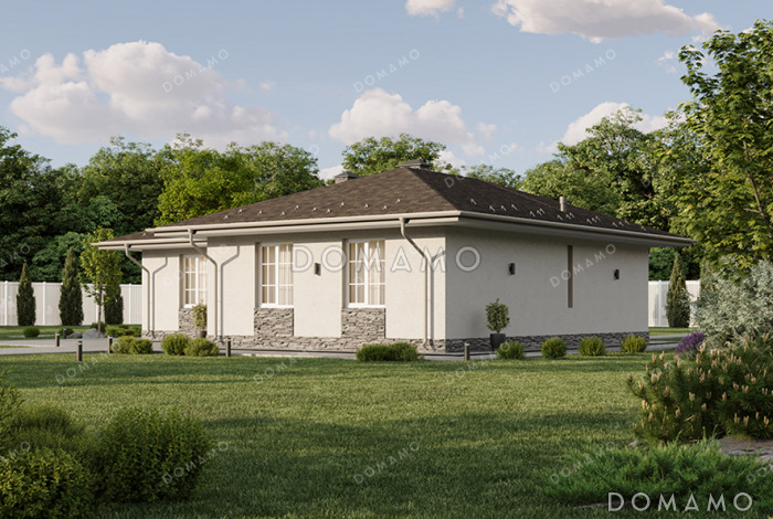 Проект Г-образного одноэтажного дома с крытой входной группой, простой вальмовой кровлей и просторной кухней-гостиной