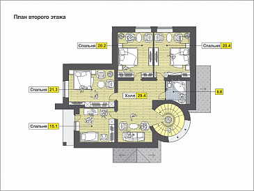 Дом с башней и зеленой крышей, с цокольным этажом, гаражом на одну машину / План мансардного этажа