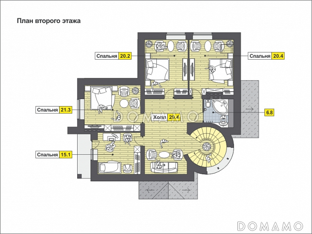Дом с башней и зеленой крышей, с цокольным этажом, гаражом на одну машину / План мансардного этажа