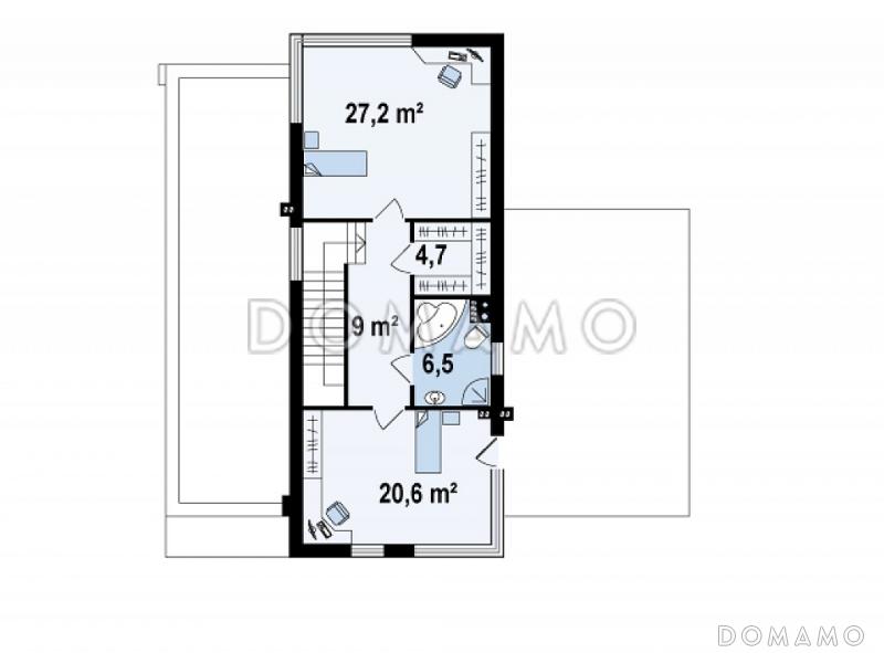 Проект современного двухэтажного дома из кирпича в стиле модерн, с террасой на втором уровне, с гаражом / План 2 этажа