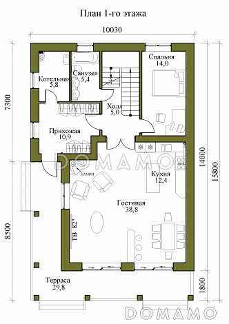 Проект трехэтажного кирпичного дома с пятью спальнями, холодным чердаком и подвалом / План 1 этажа