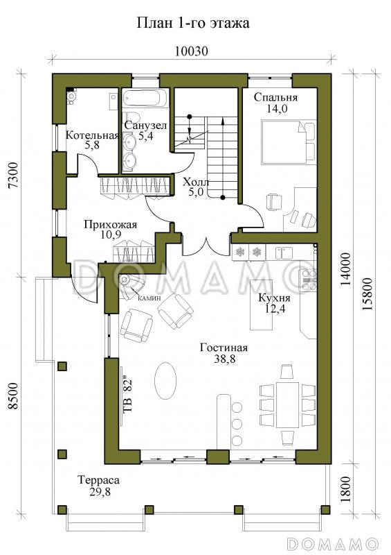 Проект трехэтажного кирпичного дома с пятью спальнями, холодным чердаком и подвалом / План 1 этажа