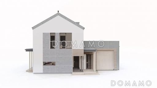 Проект двухэтажного дома с гаражом и террасой над ним, кухней с двумя окнами, кладовой / Фасад 4