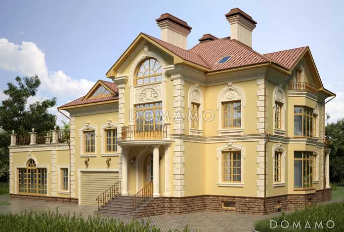 Проект двухэтажного особняка в классическом стиле, с бассейном, зимним садом и просторной террасой второго этажа 