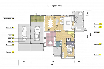 Проект каркасного дома с просторной верандой, гаражом и навесом для авто / План 1 этажа