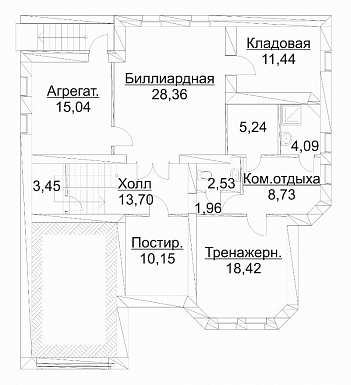 Проект дома из кирпича с гаражом и биллиардной / План цокольного этажа