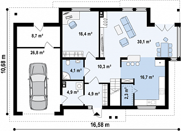 Проект двухэтажного дома из газобетона с эркером и балконом над ним, с тремя спальнями, кабинетом и гаражом / План 1 этажа