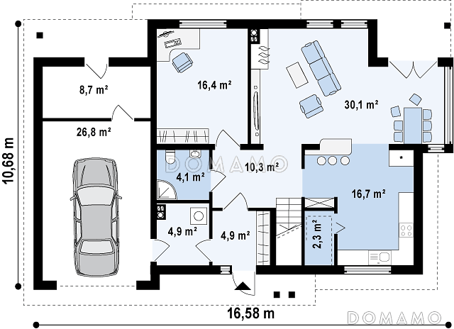 Проект двухэтажного дома из газобетона с эркером и балконом над ним, с тремя спальнями, кабинетом и гаражом / План 1 этажа