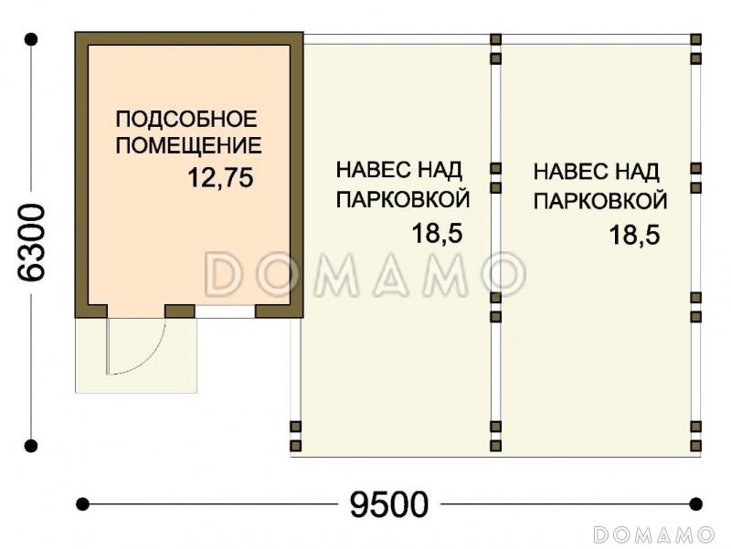 Проект навеса для двух автомобилей с хозблоком / План 1 этажа