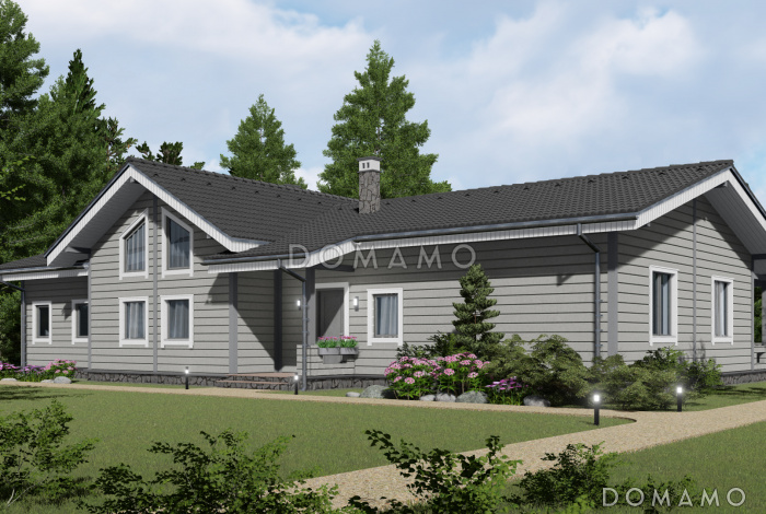 Проект каркасного дома с панорамным остеклением и сауной