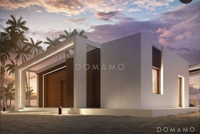 Проект компактного одноэтажного дома из кирпича с косой крышей и с двумя спальнями