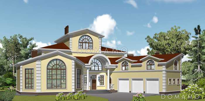 Проект большого двухэтажного дома с мансардой,с эркером, гаражом, сауной и бассейном