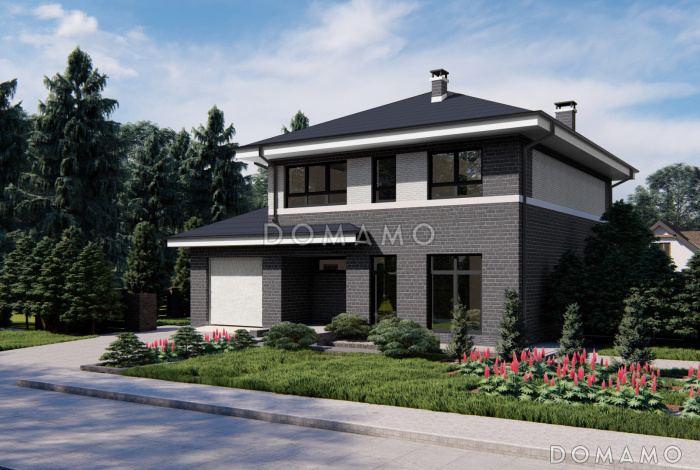 Проект двухэтажного дома с гаражом, кухней с выходом на террасу, кабинетом