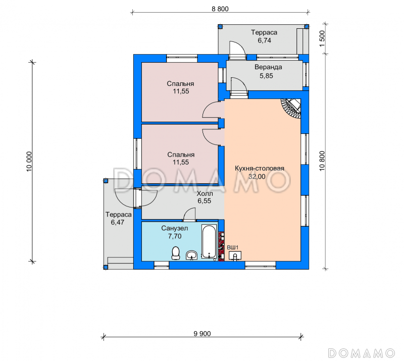 Проект одноэтажного дома с террасами и верандой, кухней-столовой, двумя спальнями / План 1 этажа