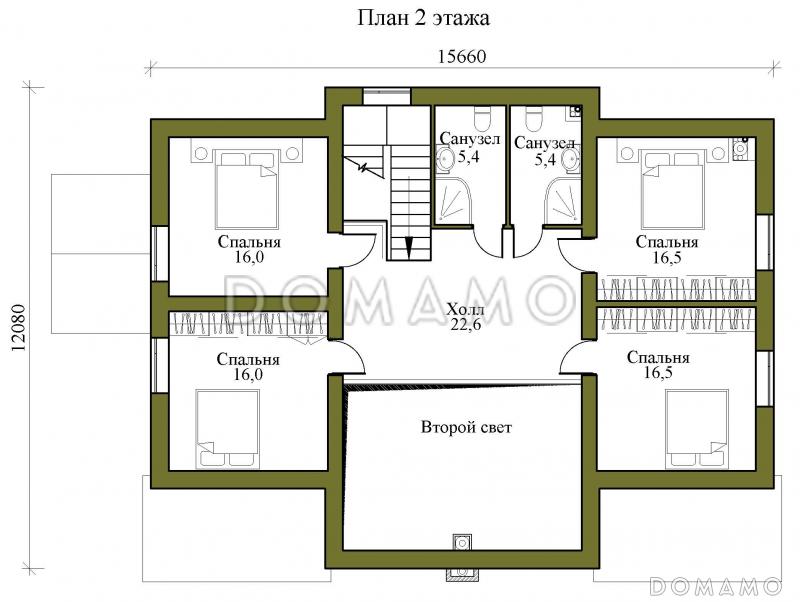 Проект двухэтажного кирпичного дома с просторной террасой, сауной и пятью спальнями / План 2 этажа