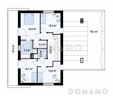 Проект современного двухэтажного дома с плоской крышей из кирпича с четырьмя спальнями, гаражом и просторной террасой над ним / План 2 этажа