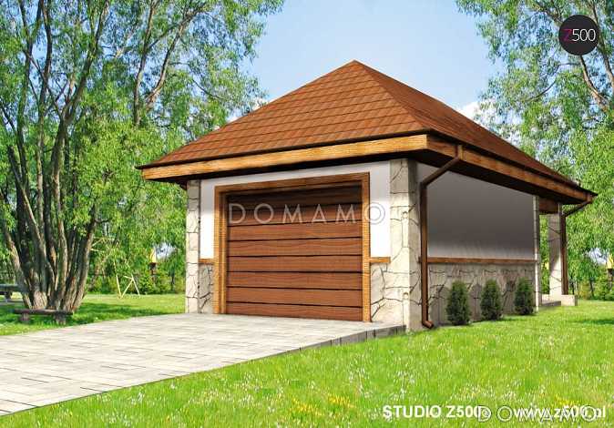 Проект одноместного гаража из кирпича с крытой террасой позади