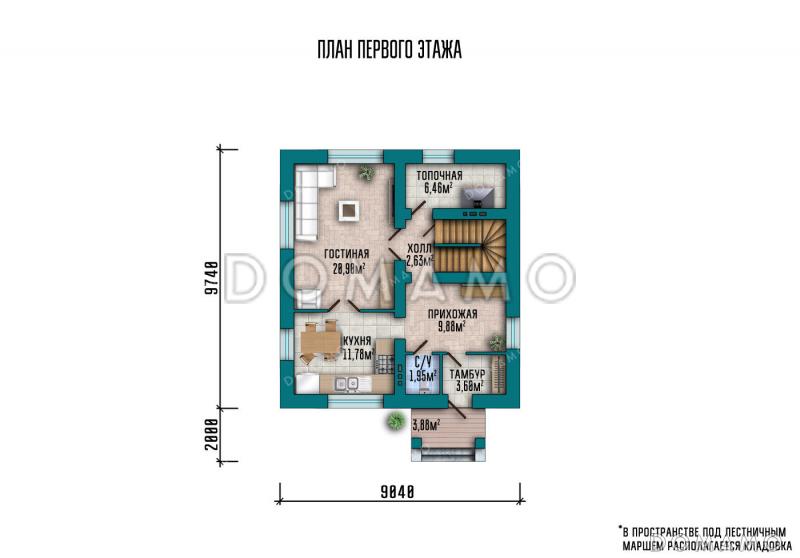 Проект компактного дома с тремя спальнями, котельной и изолированной кухней / План 1 этажа