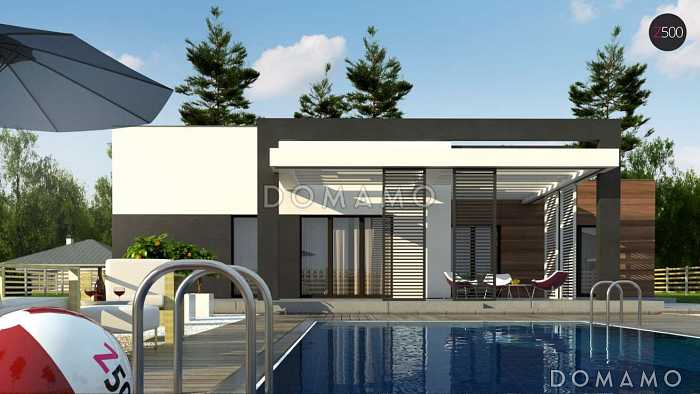 Проект просторного современного одноэтажного дома из кирпича с плоской крышей с тремя спальнями, крытой террасой и гаражом