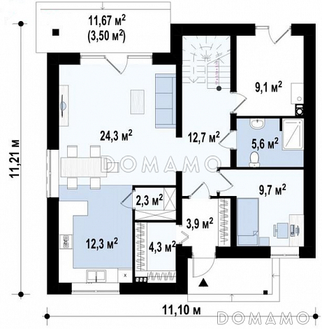 Проект дома с террасой и балконом, кладовыми, просторной ванной с окном на втором этаже / План 1 этажа