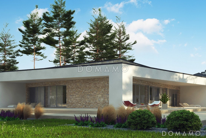 Проект просторного современного одноэтажного дома из газобетона с плоской крышей с тремя спальнями, крытыми террасами и одноместным гаражом