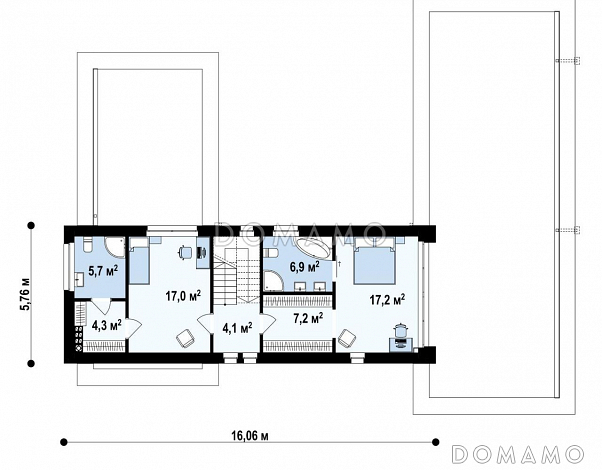 Проект двухэтажного дома с эксплуатируемой кровлей, гаражом, большой прихожей, светлой гостиной, кабинетом / План 2 этажа