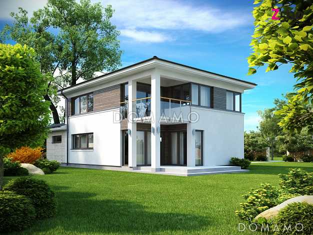 Проект современного двухэтажного дома из кирпича с четырьмя комнатами, гаражом, террасой и балконом