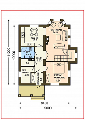 Проект уютного компактного коттеджа с зеленой крышей и панорамным эркером гостиной / План 1 этажа