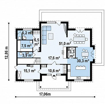Проект большого двухэтажного дома из газобетона с четырьмя спальнями, сауной и просторной дневной зоной / План 1 этажа