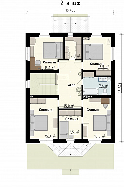 Проект загородного дома с террасой, гостиной с эркером, сауной, пятью спальнями на мансардном этаже / План мансардного этажа