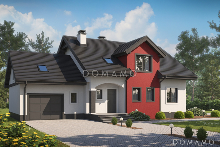 Проект одноэтажного мансардного дома из кирпича с кабинетом, эркером, балконом над ним и гаражом