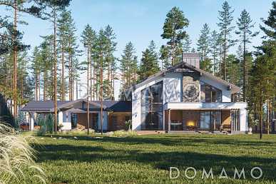 Проект кирпичного двухэтажного дома с гаражом, навесом и террасой