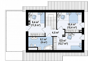 Проект компактного одноэтажного мансардного дома из кирпича с кабинетом, тремя спальнями и открытой террасой над гаражом / План мансардного этажа