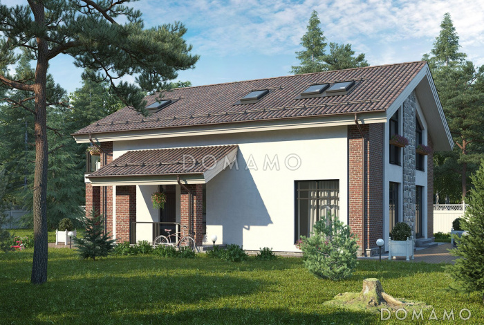 Проект двухэтажного кирпичного дома с террасой, балконом, сауной и 5 спальнями