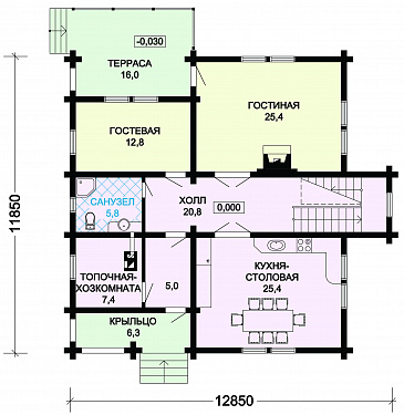 Проект комфортабельного дома из бревна с тремя спальными комнатами и уютной гостиной / План 1 этажа