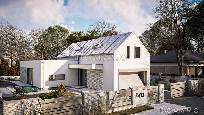 Проект компактного дома с двухскатной крышей, гаражом, просторной гостиной, кладовой в кухне