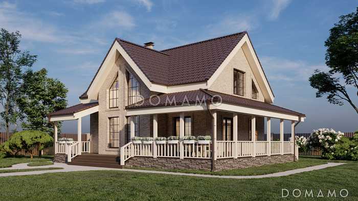 Проект двухэтажного каркасного дома со вторым светом, просторной крытой террасой и сауной