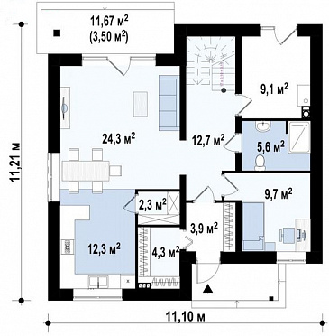 Проект загородного дома с террасой и балконом, кладовыми, просторной ванной с окном на втором этаже / План 1 этажа