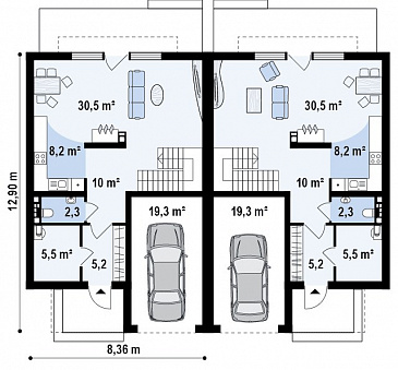 Проект современных мансардных домов-близнецов из газобетона с гаражом, тремя спальнями и красивым слуховым окном и балконом / План 1 этажа