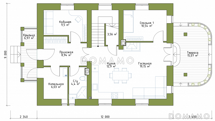 Проект двухэтажного коттеджа с террасой для узкого участка / План 1 этажа