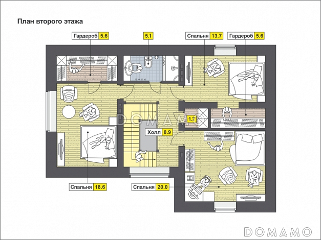 Проект одноэтажного дома с длинной крытой террасой, просторной гостиной и комнатой на первом этаже и тремя спальнями на мансардном этаже / План мансардного этажа
