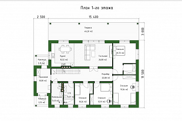 Проект дома с мансардой, вторым светом, большой гостиной и 4 спальнями / План 1 этажа