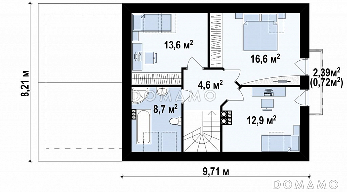 Проект небольшого одноэтажного мансардного дома из газобетона с кабинетом, эркером и гаражом / План мансардного этажа