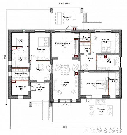 Проект одноэтажного дома с двумя террасами, кухней и гостиной в центральной части дома, сауной / План 1 этажа